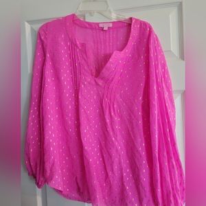Lilly Pulitzer Colby Pintuck Clip Dot Silk Blouse Size L Barbie Core